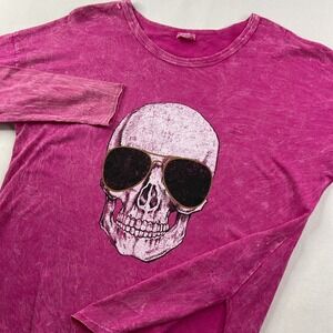 Blue Buttercup Boutique T-Shirt Women Sz L Tie Dye Long Sleeve Skull Glasses Y2K